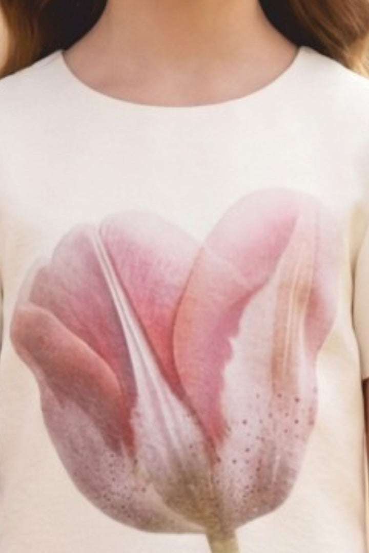 Cream Stone work with Floral Print Short Frock for Girls