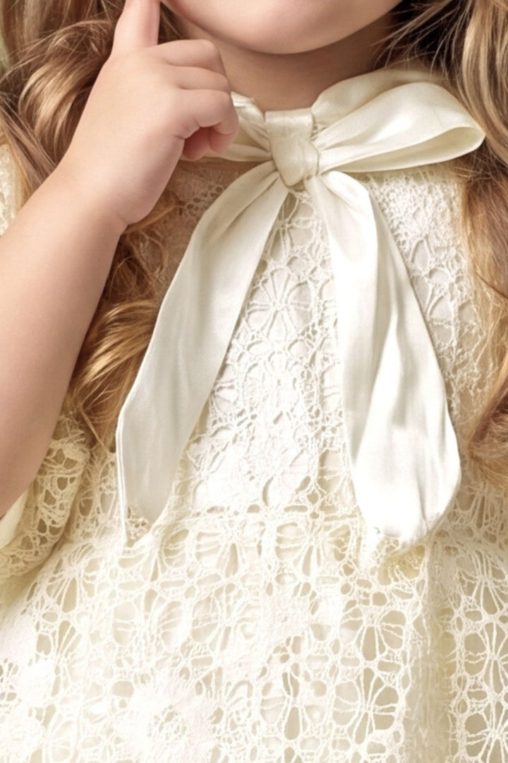 Cream Lace Bubble Hem Short Frock for Girls