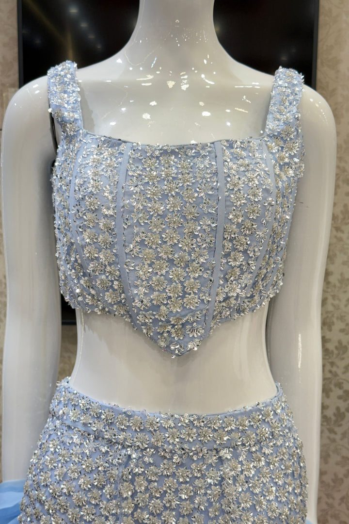 Ice Blue Sequins and Beads work Fishcut Lehenga Set