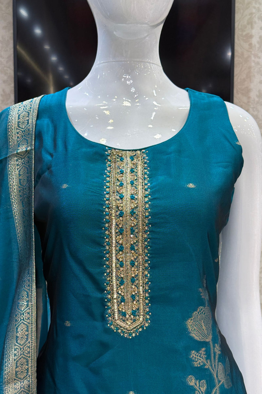 Rama Green Straight Cut Salwar Suit with Zardozi, Sequins, Stone, Zari and Banaras work
