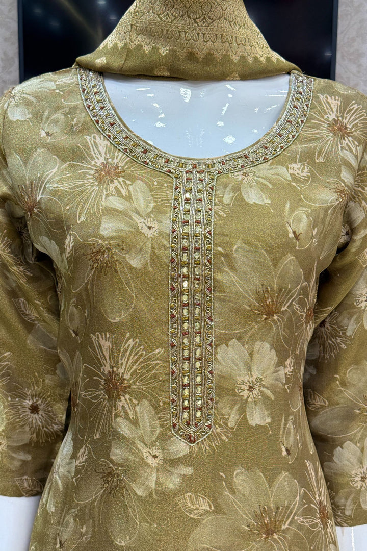 Olive Green Mirror, Zardozi and Banaras work with Floral Print Straight Cut Salwar Suit