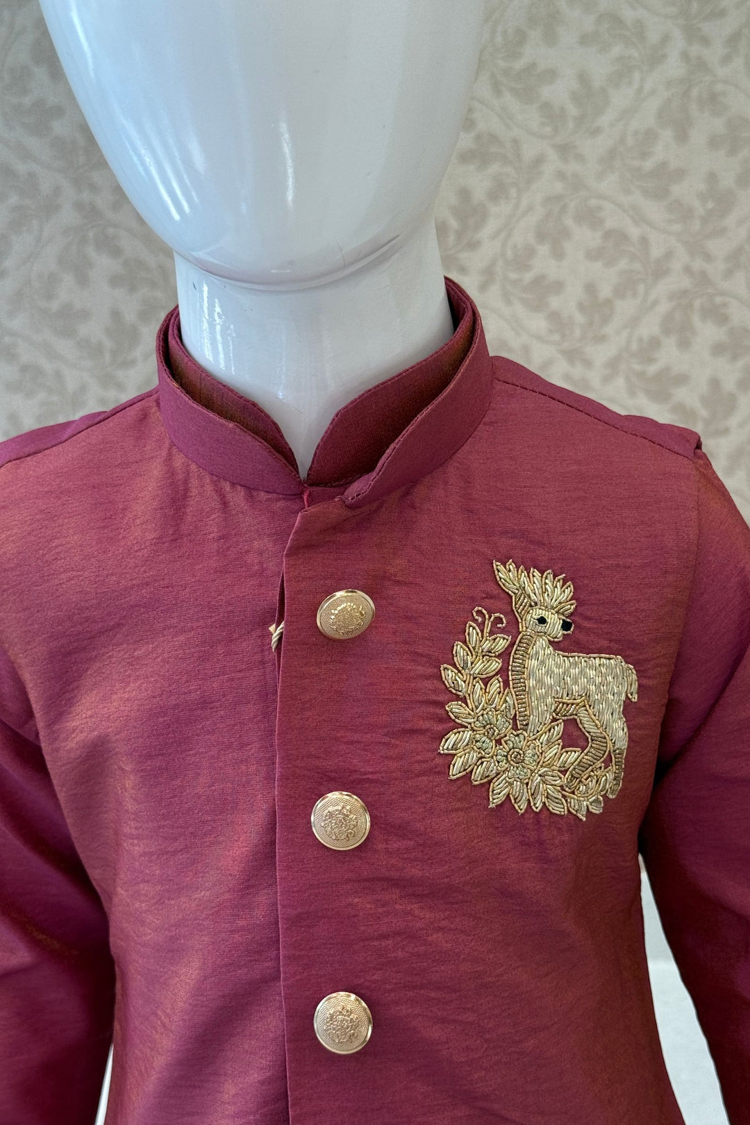 Onion Pink Zardozi work Waist Coat Kurta Set for Boys