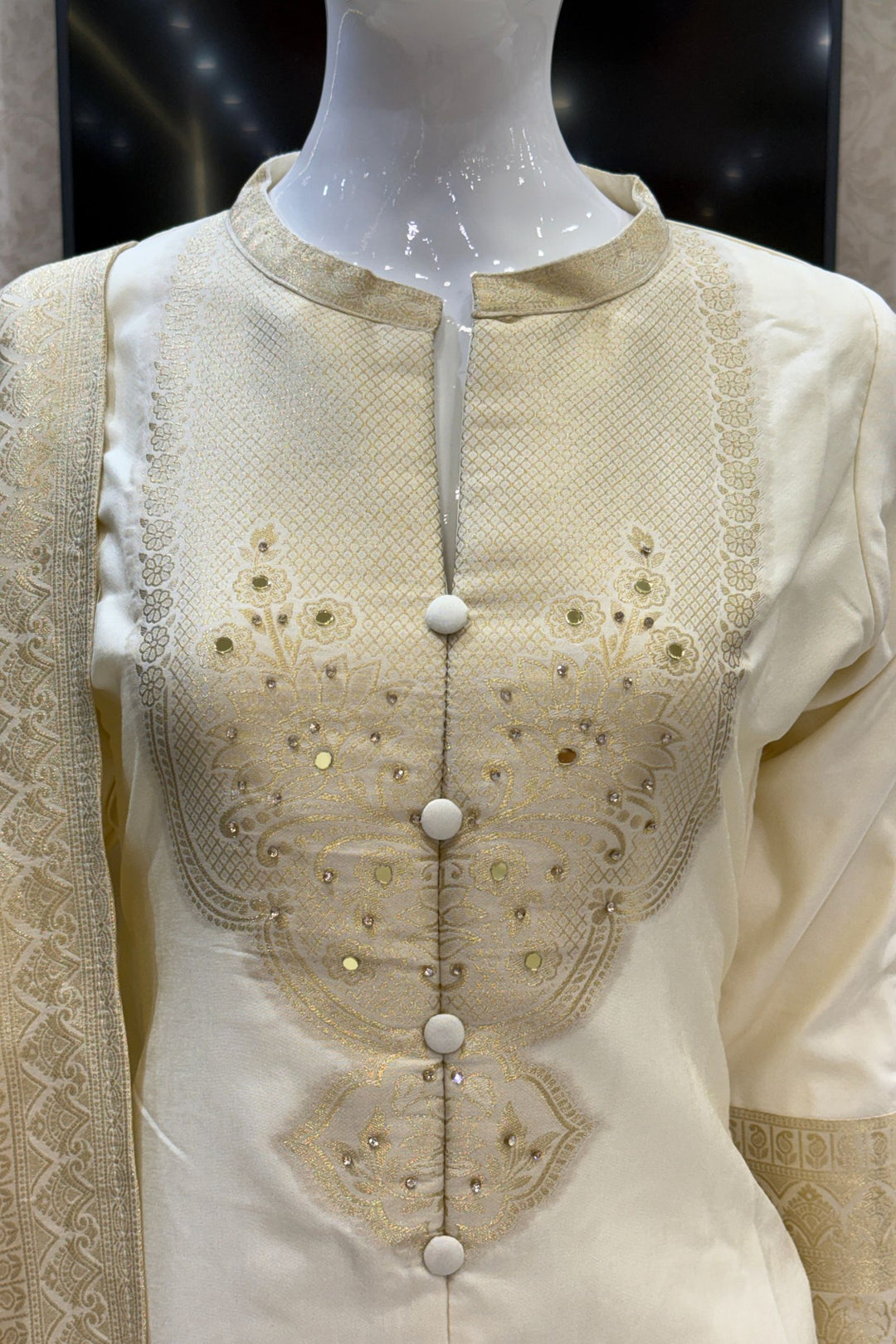 Cream Straight Cut Salwar Suit with Stone, Mirror and Banaras work