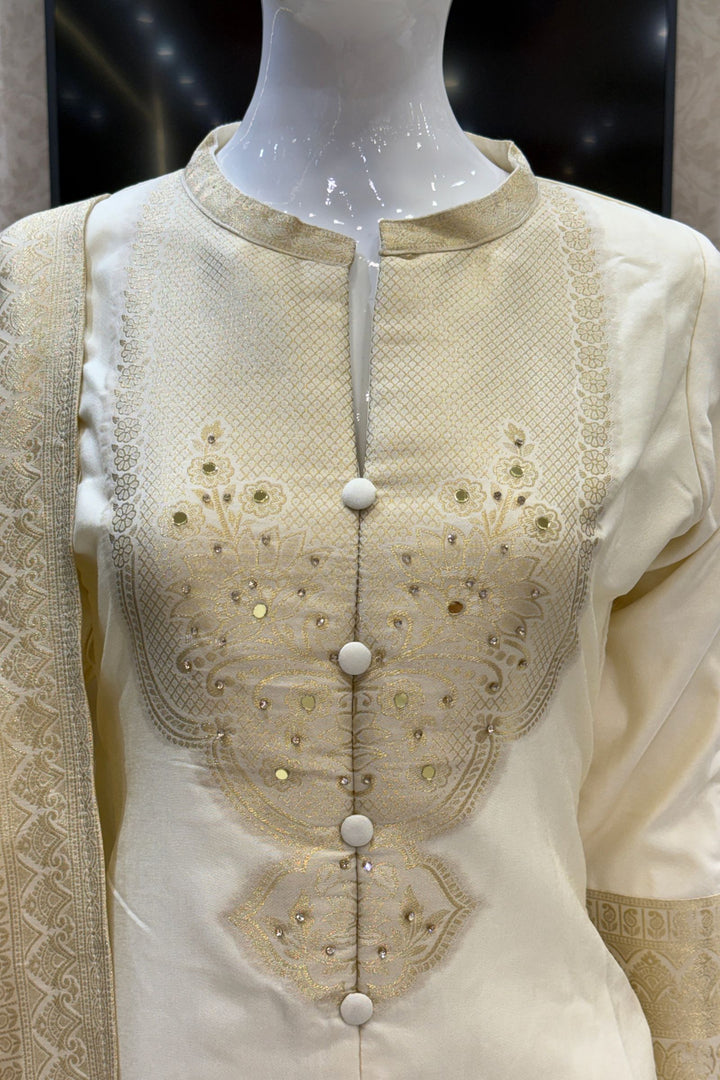 Cream Straight Cut Salwar Suit with Stone, Mirror and Banaras work