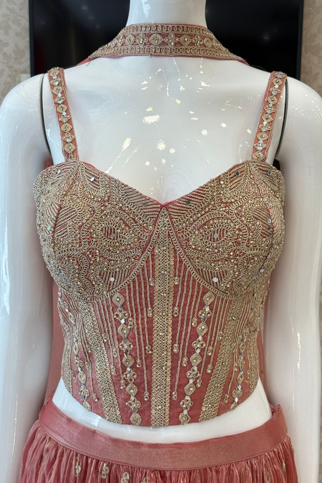 Peach Zari Thread, Mirror and Stone work Palazzo Set with Corset Top