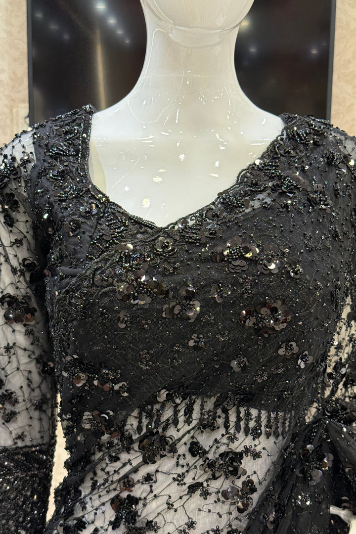 Black Beads and Sequins work Saree with Designer Blouse