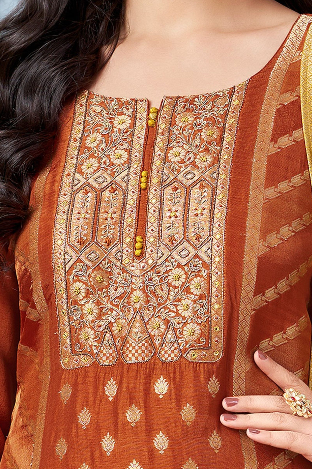 Orange Banaras, Zardozi, Beads, Sequins and Thread work Straight Cut Salwar Suit