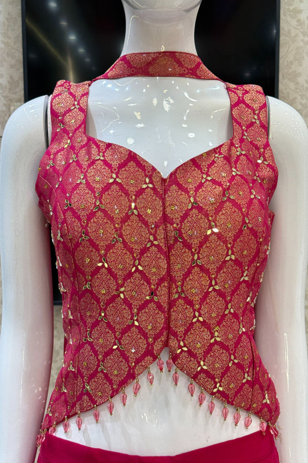 Rani Pink Mirror, Stone and Banaras work Palazzo Suit Set