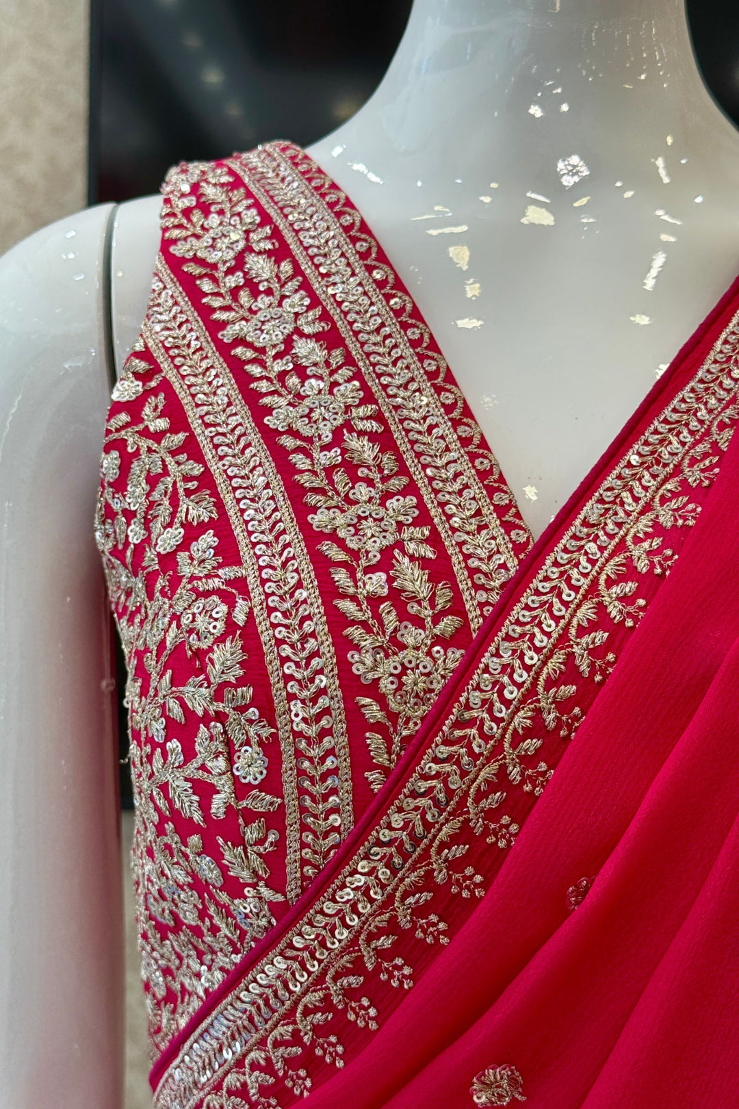 Rani Pink Zari and Sequins work Saree
