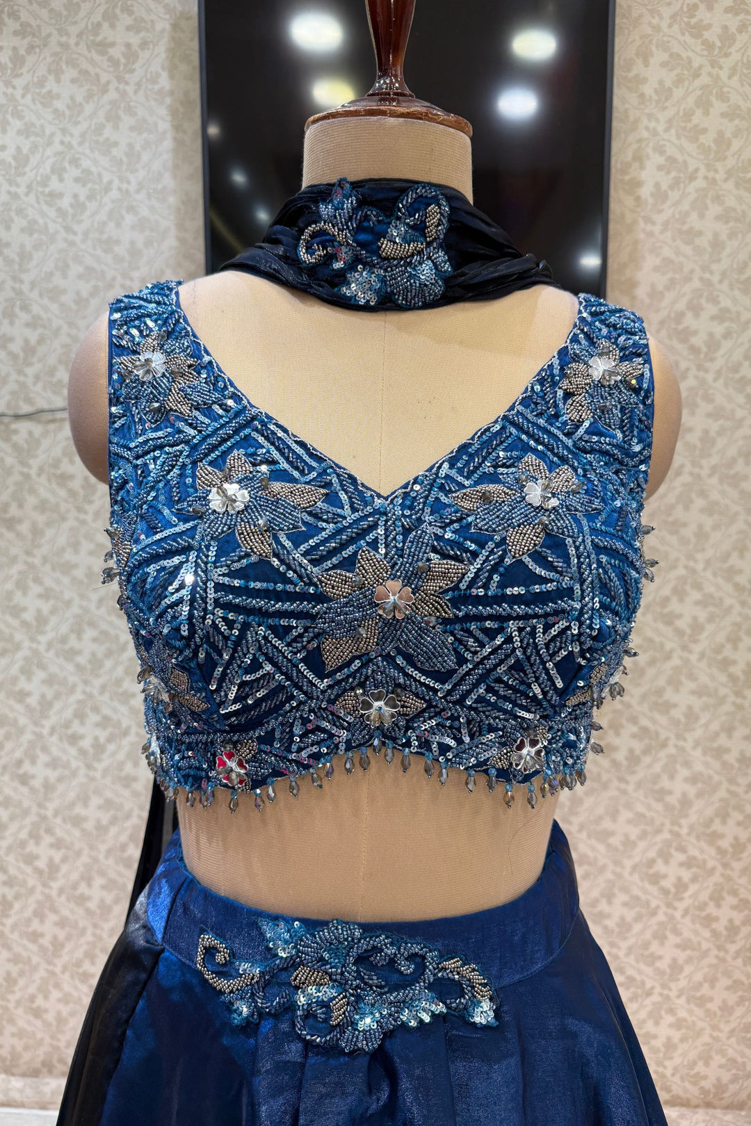 Peacock Blue Mirror, Beads and Sequins work Crop Top Lehenga