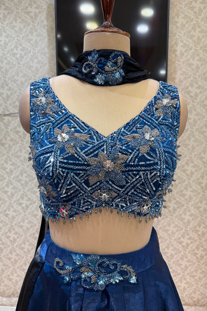 Peacock Blue Mirror, Beads and Sequins work Crop Top Lehenga