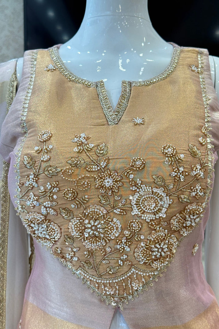 Onion Pink Palazzo Set with Beads, Sequins and Zari work with Organza Dupatta