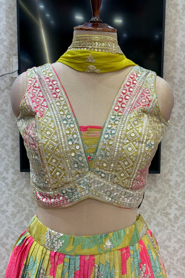 Liril Green Sequins and Zari work with Multicolor Digital Print Crop Top Lehenga