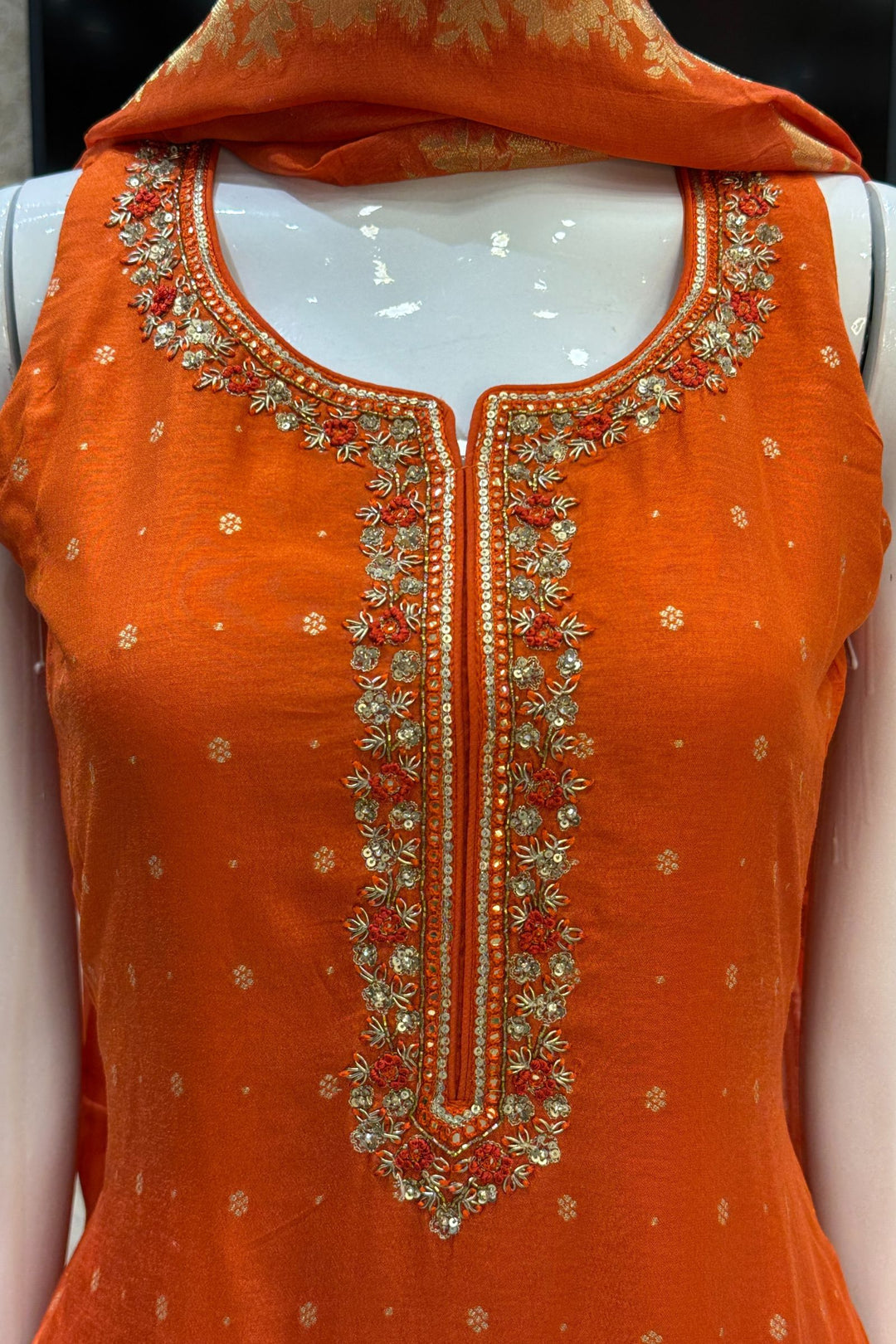 Orange Sequins, Beads, Zardozi, Stone and Banaras Butta work Straight Cut Salwar Suit