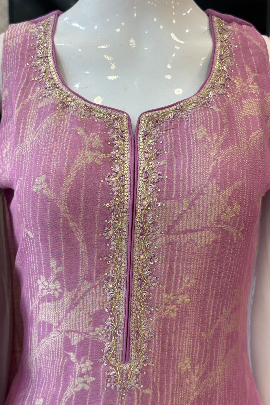 Lavender Banaras, Beads, Zardozi, Stone and Mirror work Straight Cut Salwar Suit