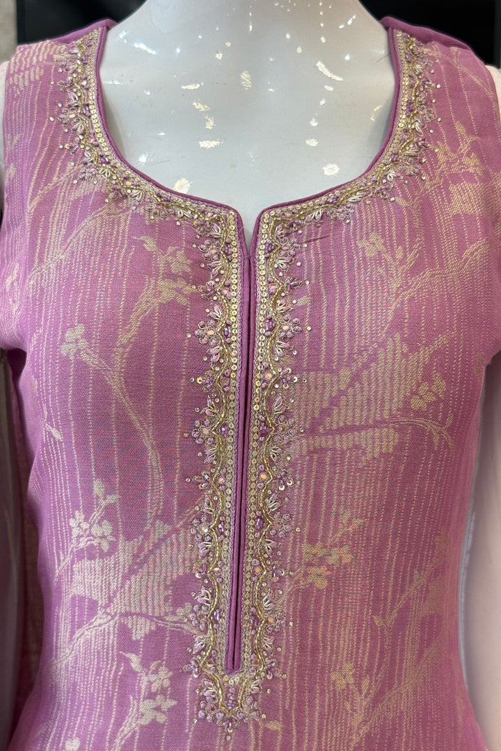 Lavender Banaras, Beads, Zardozi, Stone and Mirror work Straight Cut Salwar Suit
