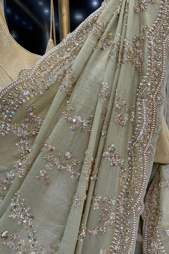 Pista Green Saree Featuring Sequins, Pearl, Beads and Zari work