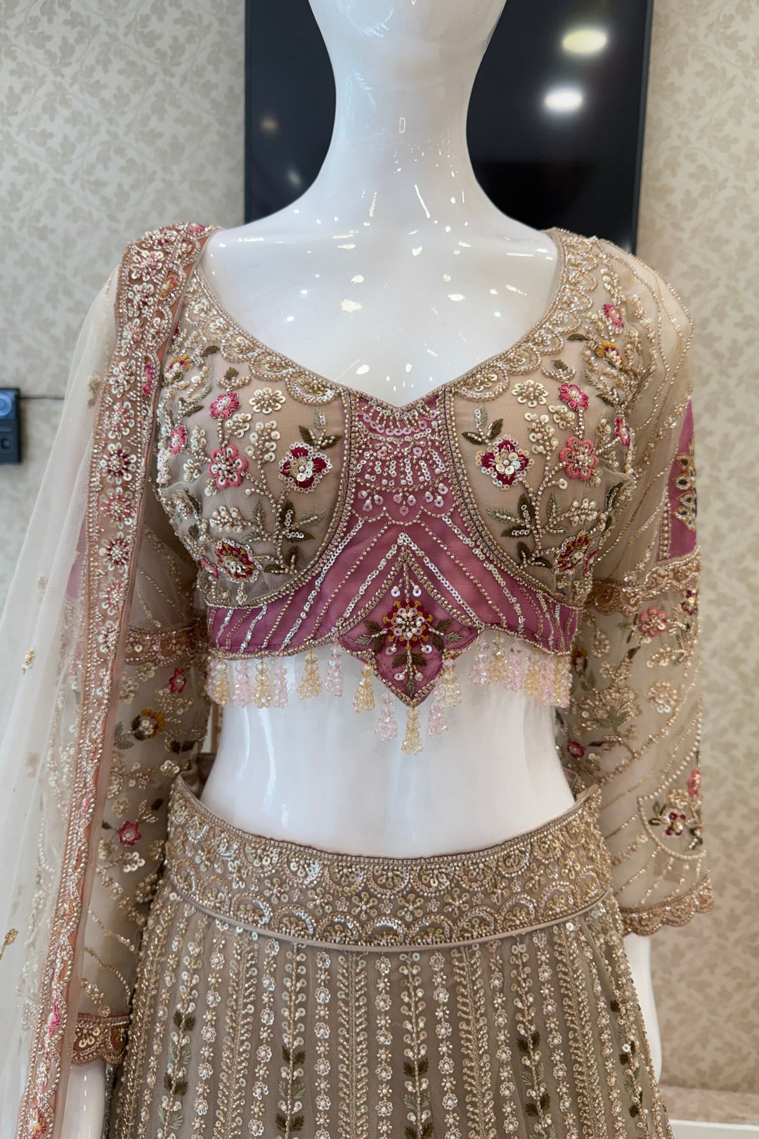 Chiku Beads, Sequins and Embroidery work Crop Top Designer Bridal Lehenga