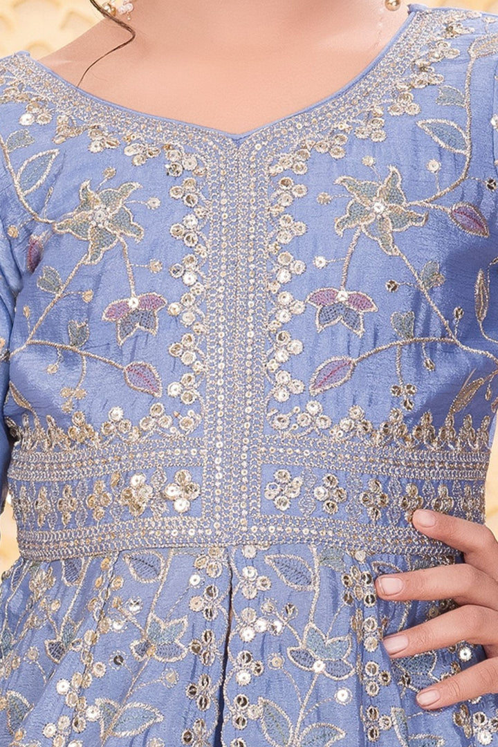 Blue Zari, Sequins and Multicolor Thread work Palazzo Suit Set for Girls
