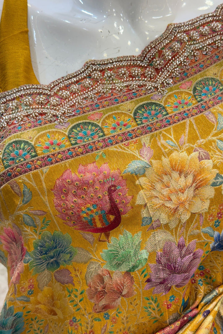 Mustard Saree Featuring Floral Banaras, Pearl, Beads and Sequins work