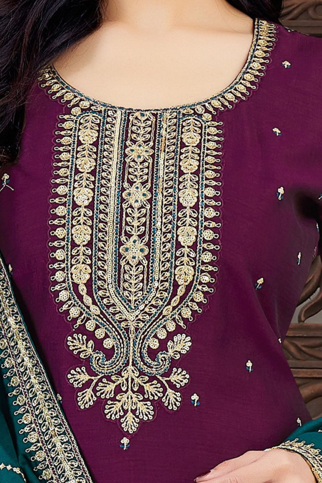 Wine Sequins, Zari, Thread and Beads work Straight Cut Salwar Suit