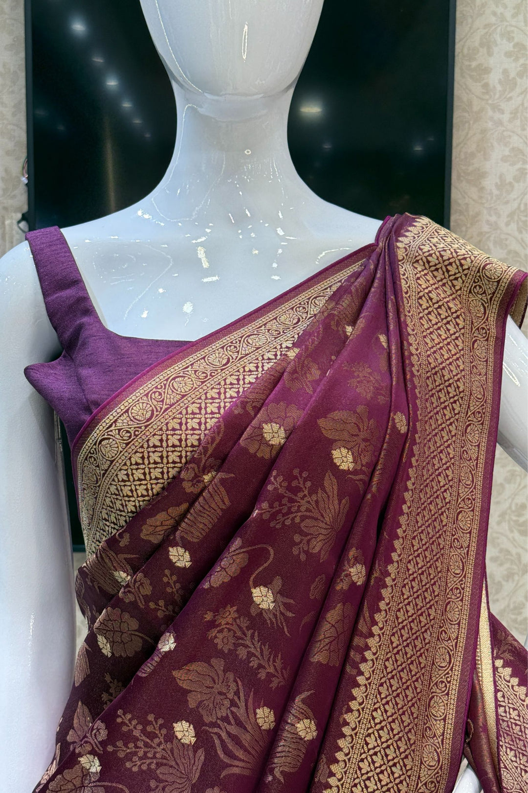Wine Banaras Zari work Saree