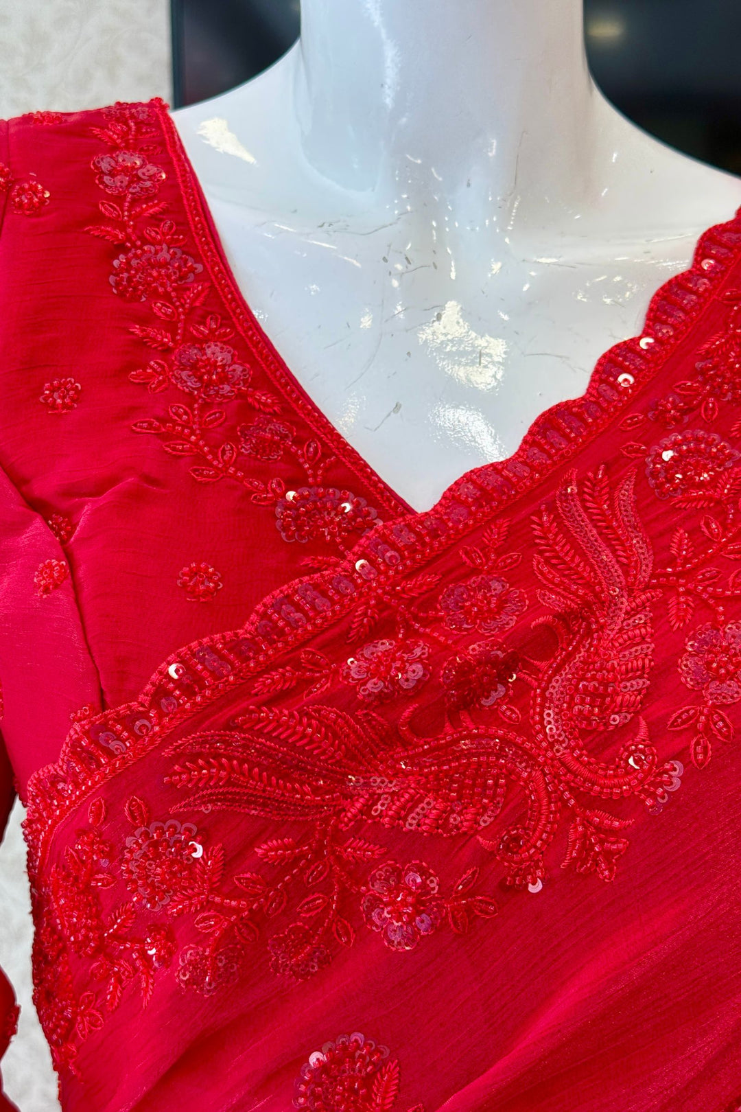 Red Beads, Thread and Sequins work Saree