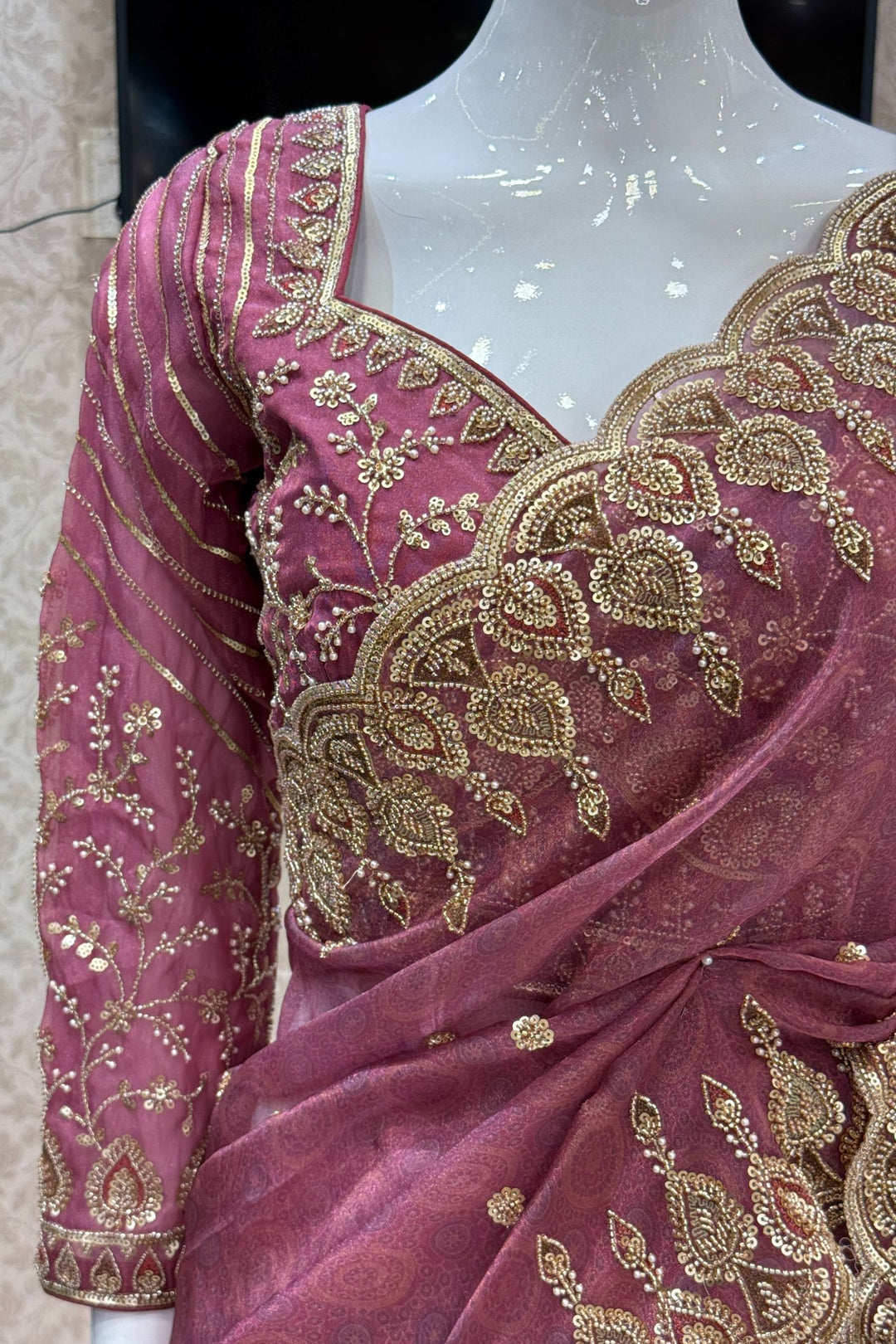 Onion Pink Pearls, Beads and Multicolor Thread work with Self Print Saree