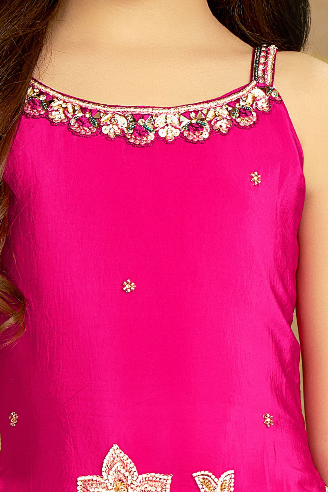 Rani Pink Stone, Beads, Sequins, Mirror and Thread work Palazzo Suit Set for Girls