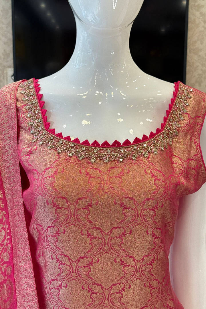 Rani Pink Beads, Mirror, Stone, Banaras and Brocade work Straight Cut Salwar Suit