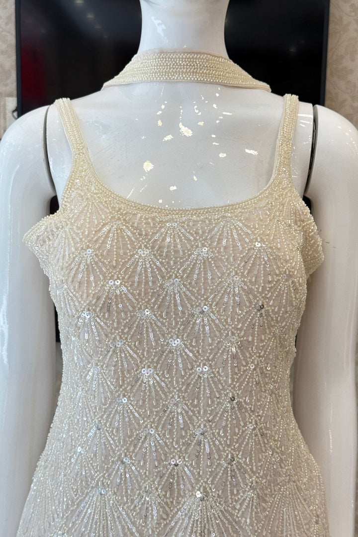 Cream Palazzo Salwar Suit with Beads and Sequins Detailing