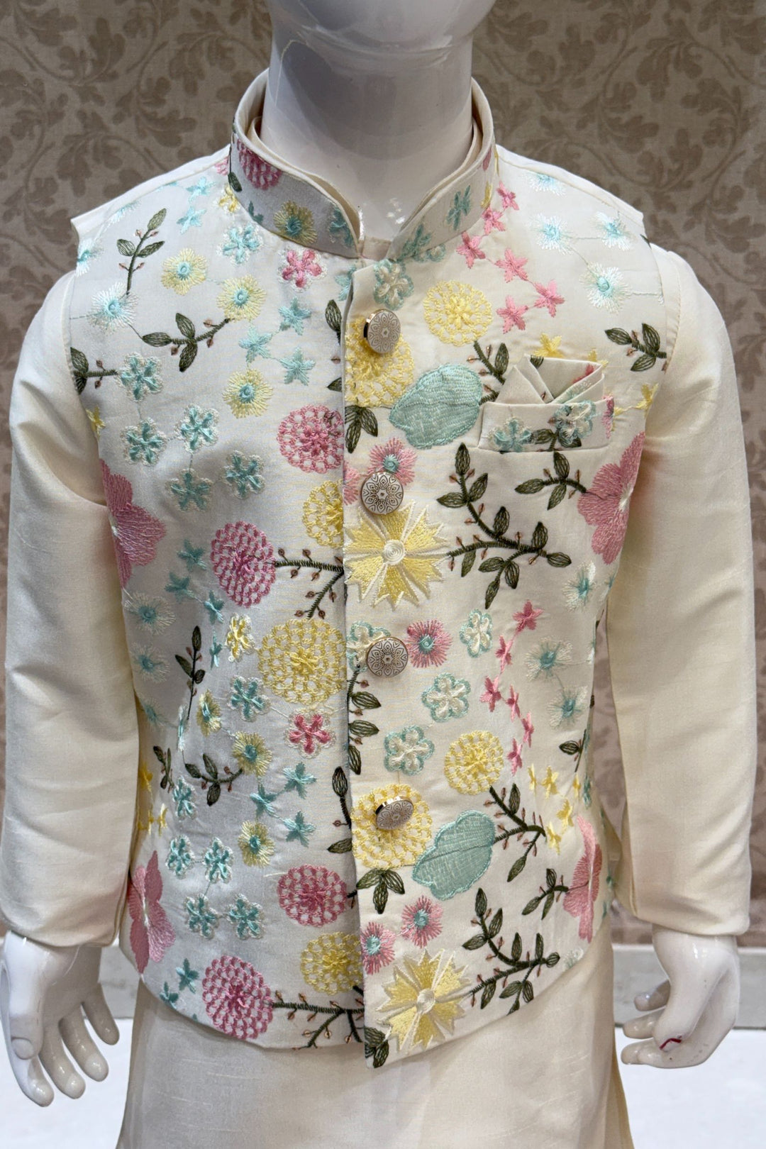 Cream with Multicolor Embroidery and Sequins work Waist Coat Kurta Set for Boys