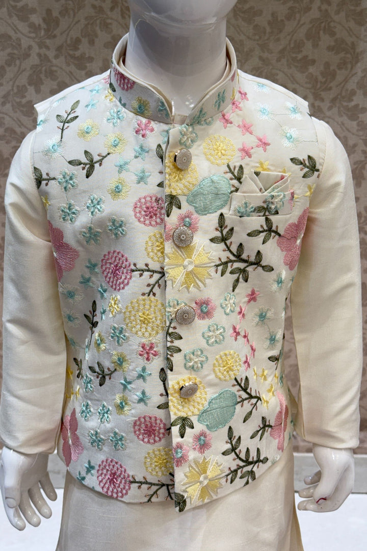 Cream with Multicolor Embroidery and Sequins work Waist Coat Kurta Set for Boys