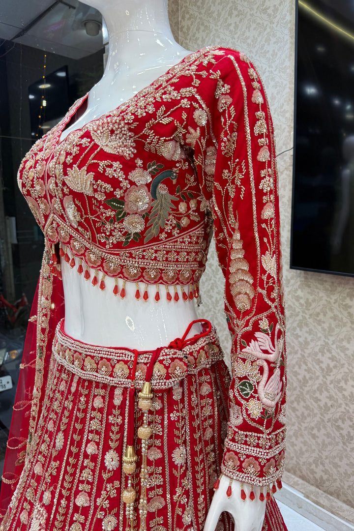 Red Beads, Embroidery, Zari, Sequins and Zardozi work Crop Top Designer Bridal Lehenga