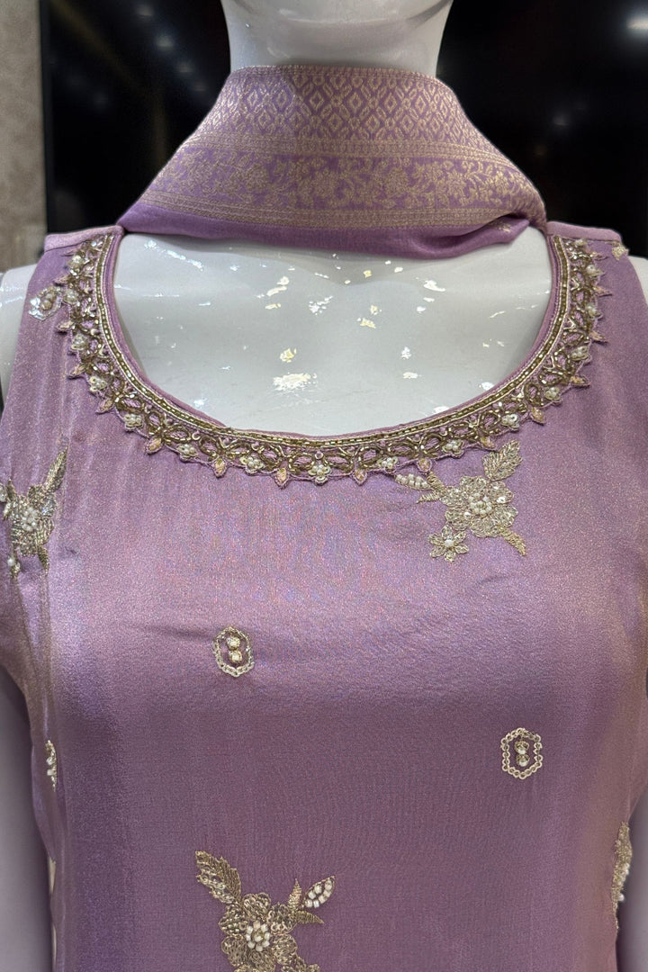 Lilac Beads, Zari and Sequins work Top with Flared Palazzo Set