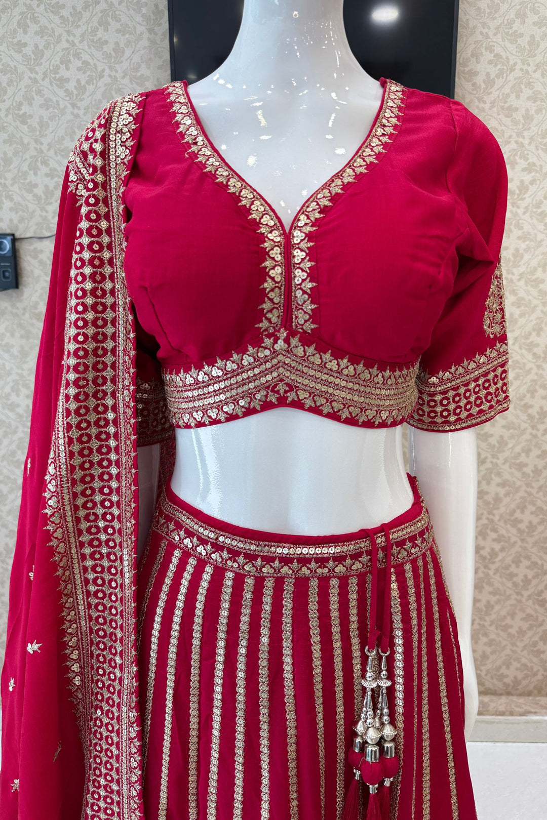 Rani Pink Sequins and Zari work Crop Top Lehenga