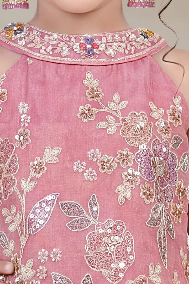 Baby Pink Sequins, Zari and Thread work Palazzo Suit Set for Girls
