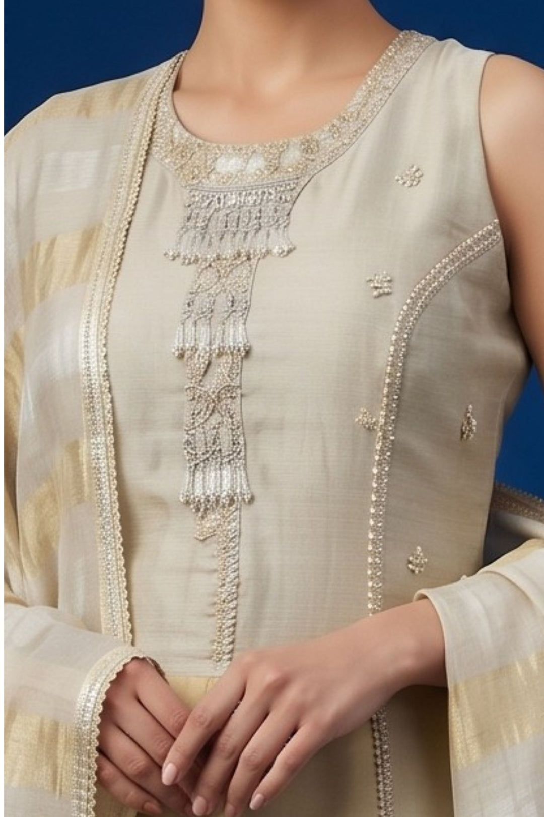 Light Grey with Gold Beads, Sequins, Zardozi and Zari work Palazzo Salwar Suit