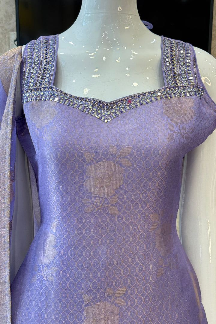 Lilac Banaras, Mirror, Zardozi, Beads, Stone and Sequins work Straight Cut Salwar Suit