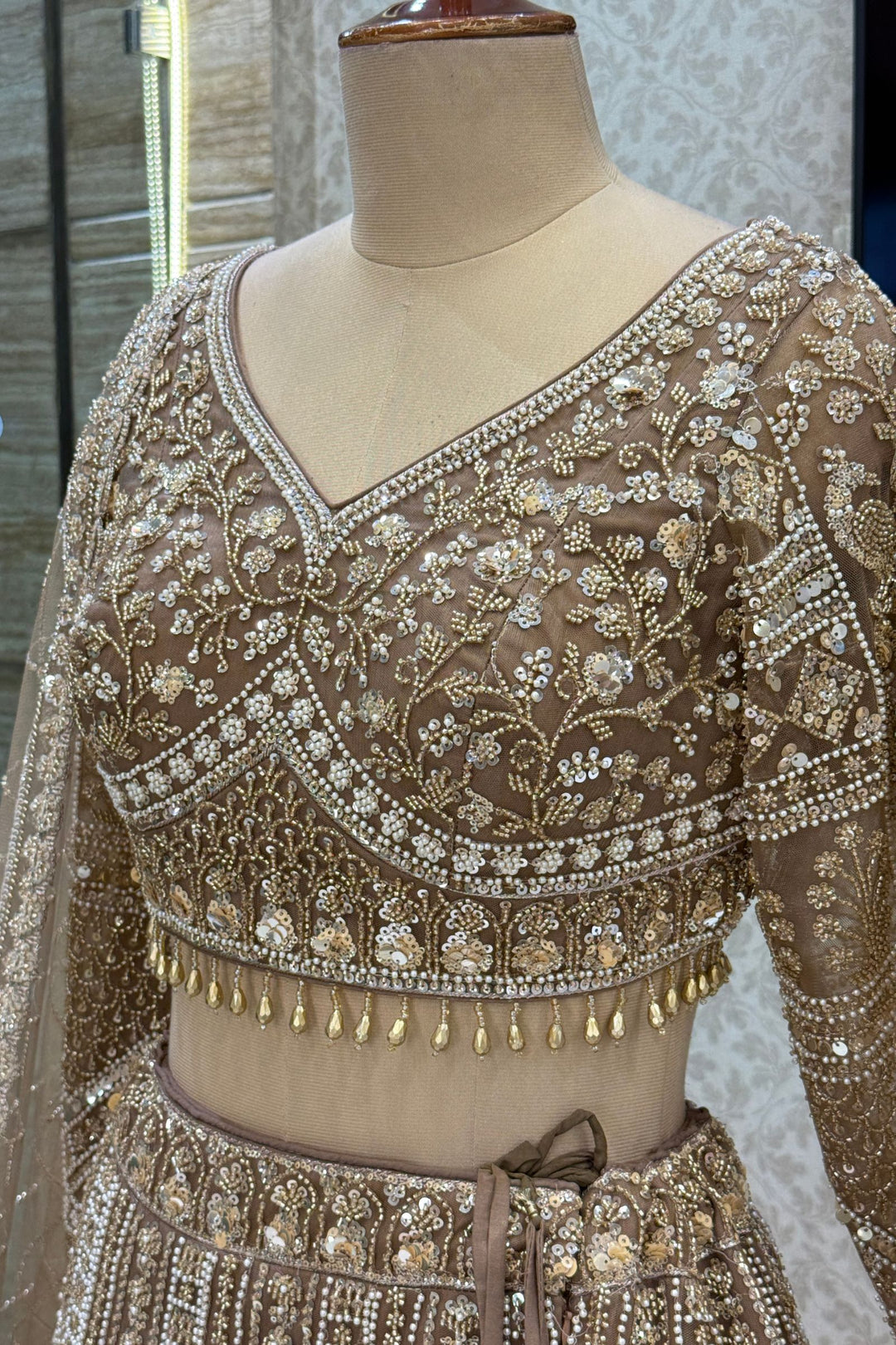 Copper Sequins, Pearl and Zari work Flared Lehenga Set with Peacock Motifs