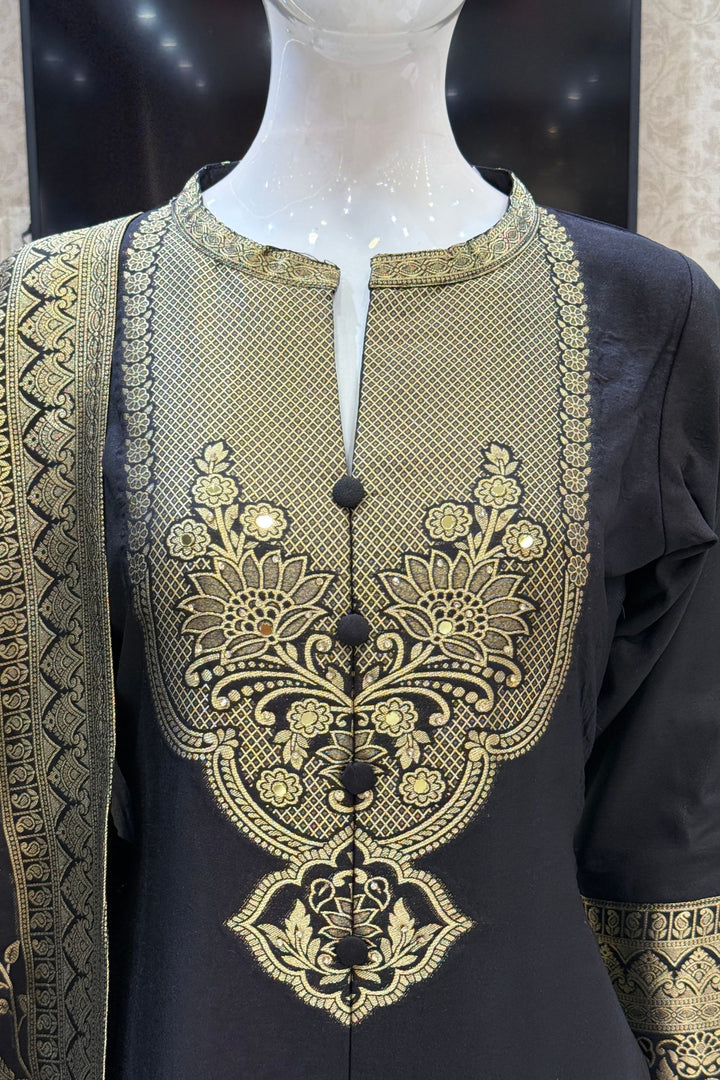Black Straight Cut Salwar Suit with Stone, Mirror and Banaras work