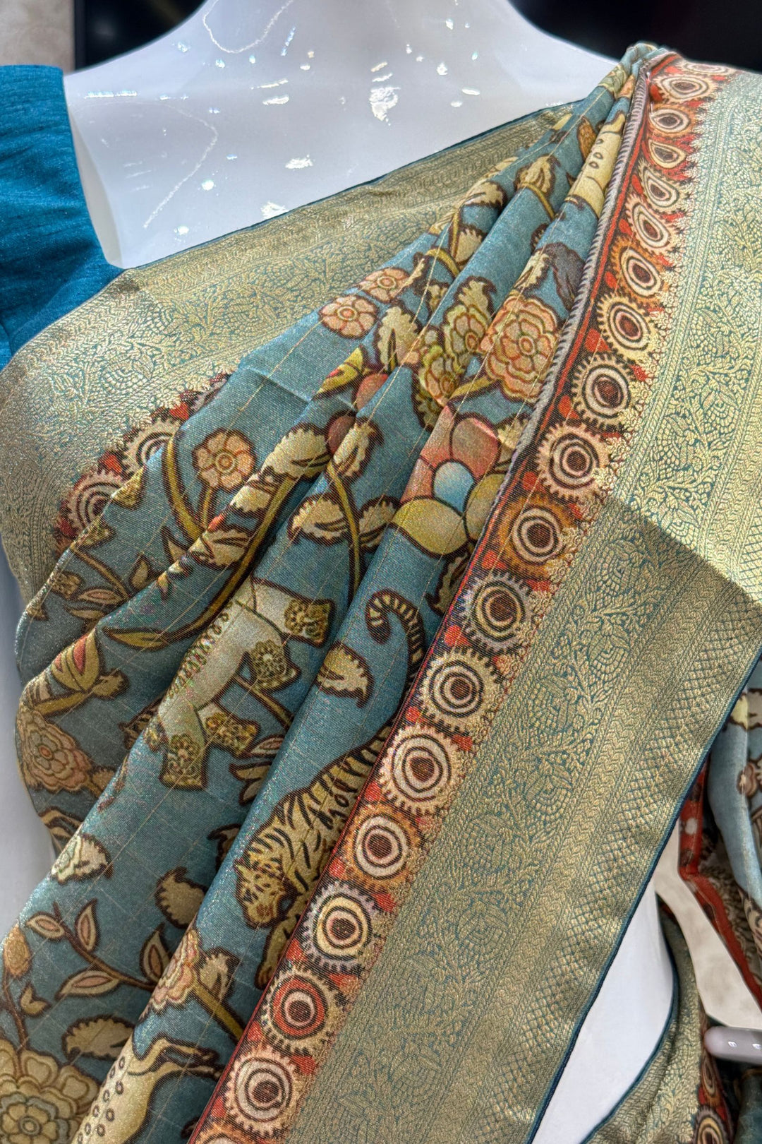 Dusty Blue Saree with Traditional Kalamkari Prints and Banaras Zari Border