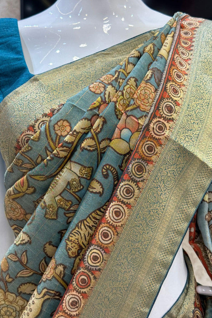 Dusty Blue Saree with Traditional Kalamkari Prints and Banaras Zari Border