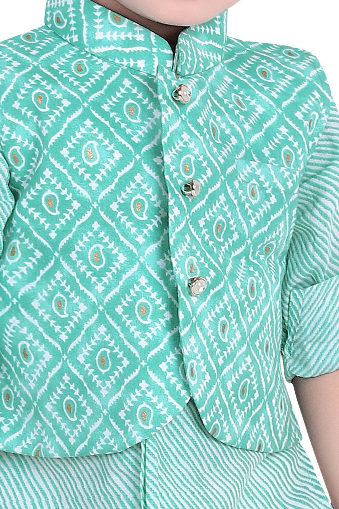 Sea Green with White Digital Print Waist Coat Kurta Set for Boys