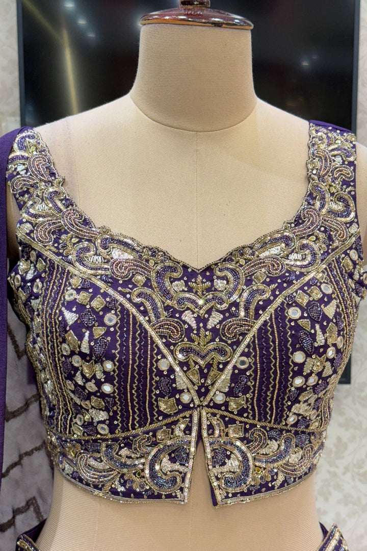 Purple Mirror, Beads, Zari, Banaras and Sequins work Crop Top Lehenga