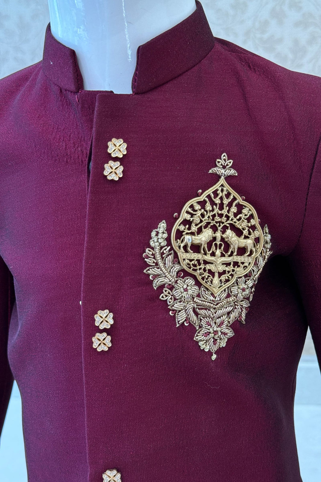Maroon with Gold Zardozi and Zari work Jodhpuri Suit for Boys