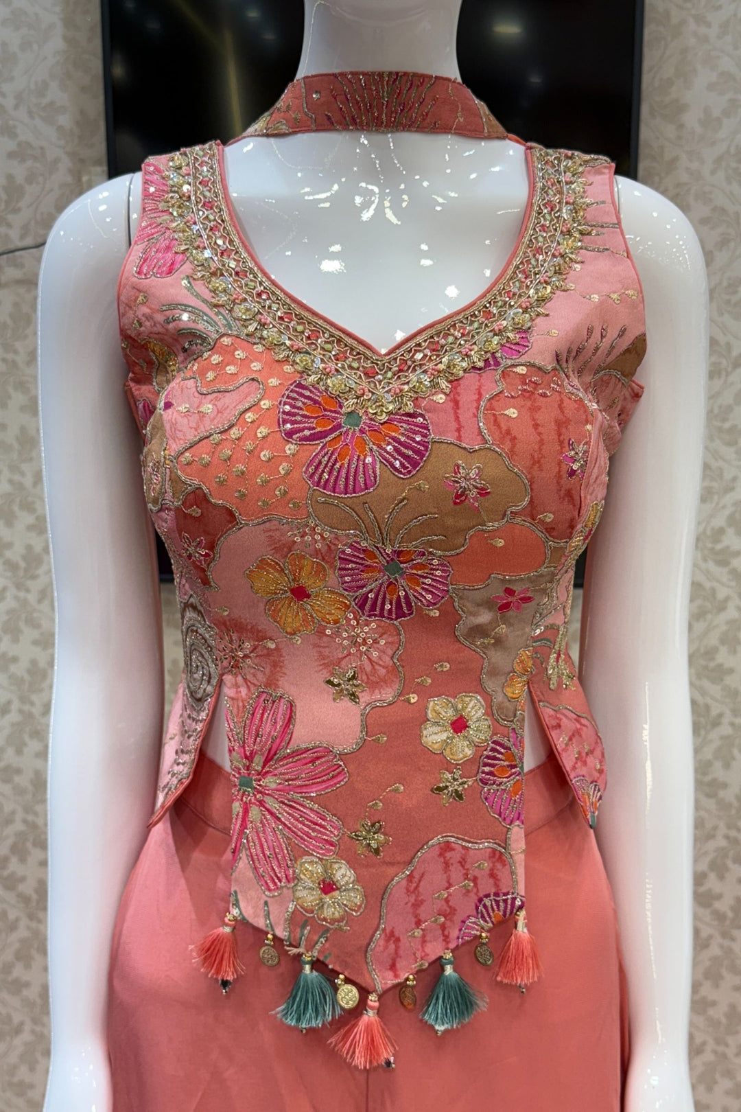 Peach Sequins, Zari, Zardozi and Stone work with Multicolor Digital Print Palazzo Suit Set