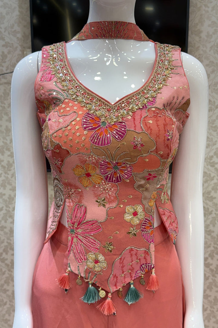 Peach Sequins, Zari, Zardozi and Stone work with Multicolor Digital Print Palazzo Suit Set