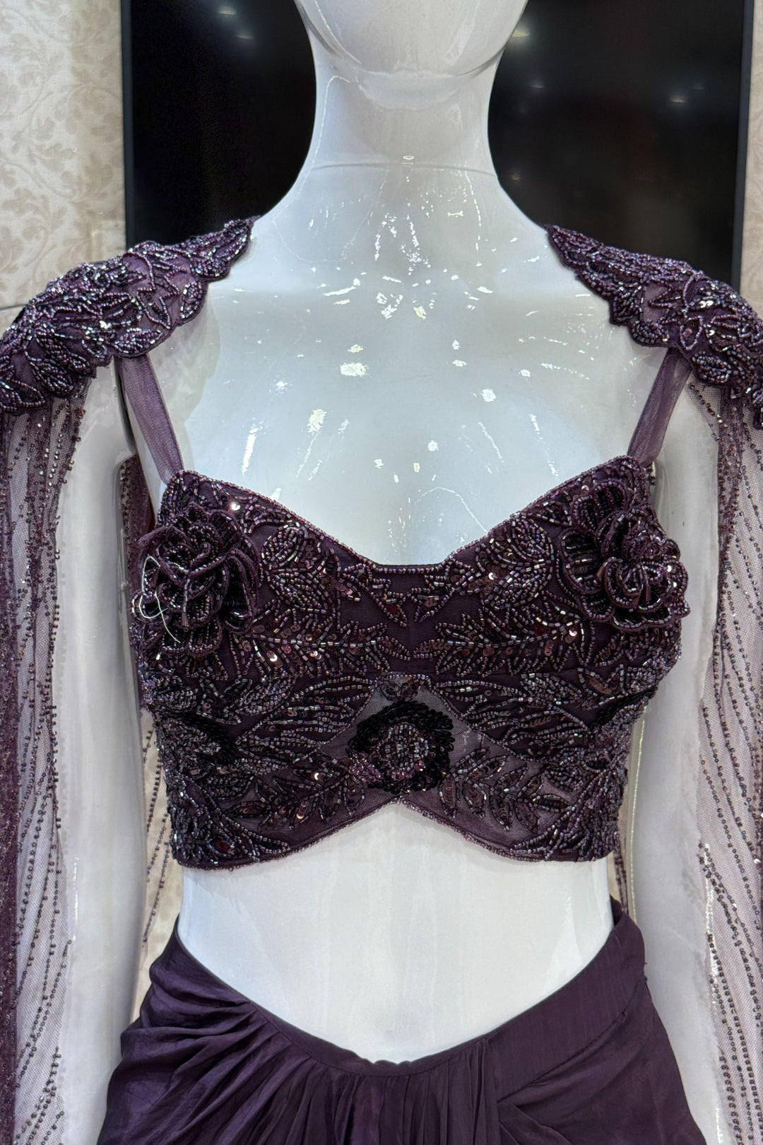 Wine Indo-Western Styled Beads and Sequins work Crop Top and Cowl Skirt