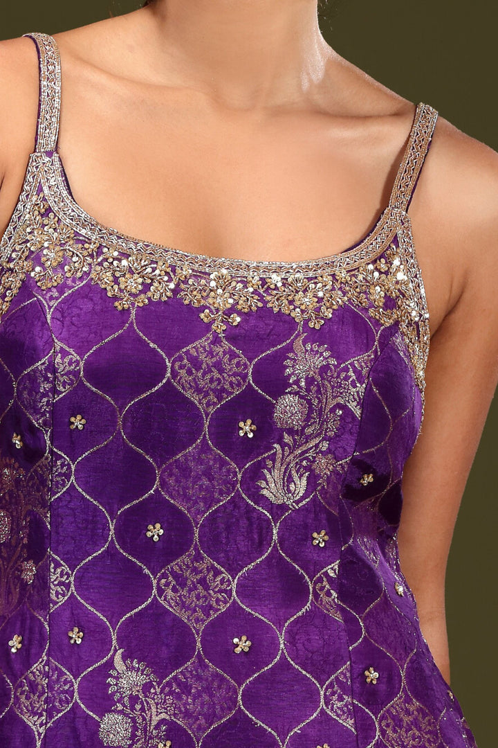 Purple Banaras, Sequins, Beads, Stone and Zardozi work Sharara Salwar Suit